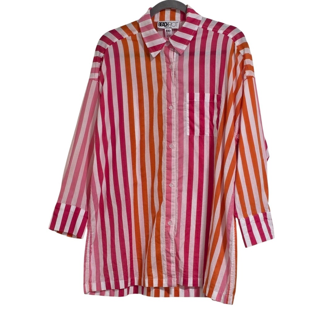 Beach Riot Button Down Women's Small Pink Orange Striped Oversized Cotton Shirt - Picture 1 of 3